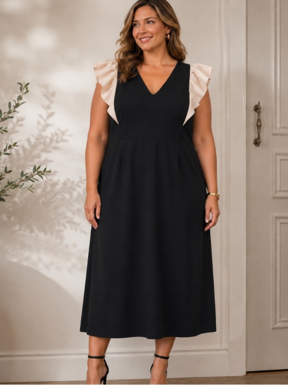 New!! Eva Mendes Sheath Dress New York & Co Black Cream Ruffle Sleeve